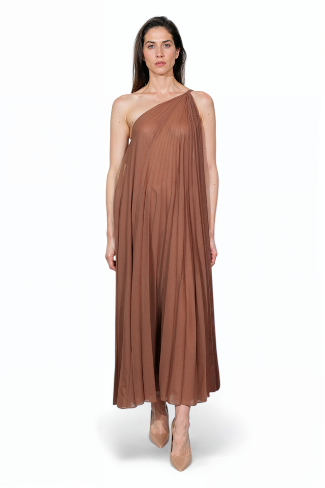 Valentino Bronze One-Shoulder Pleated Dress