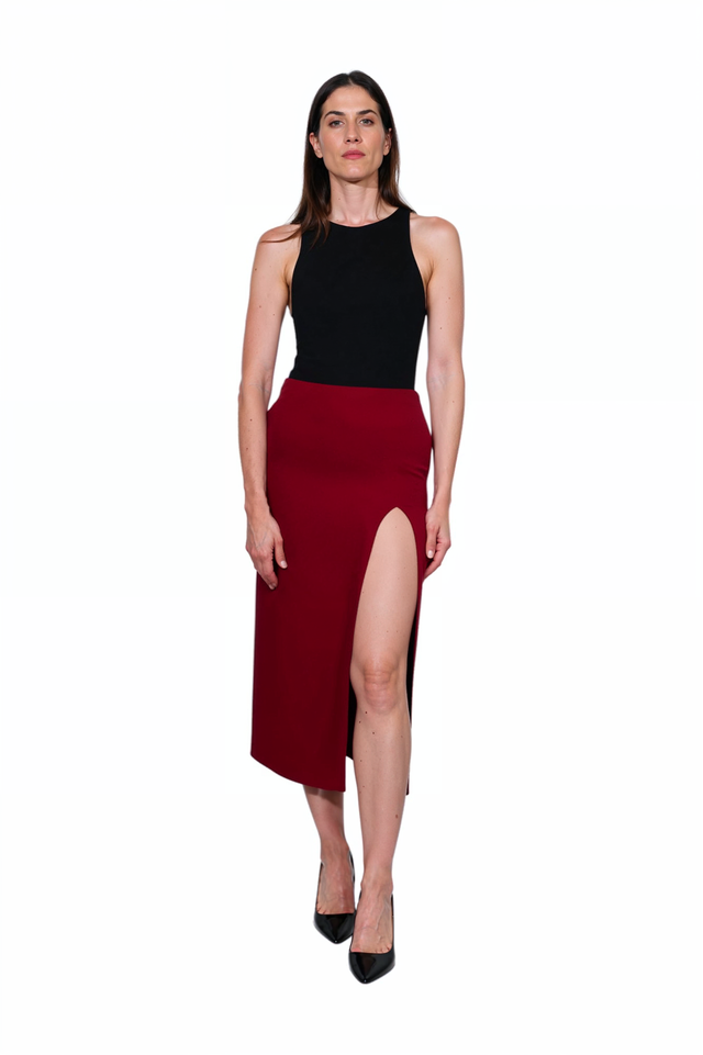 Valentino Burgundy High-Slit Pencil Skirt