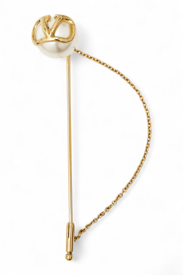 Valentino Garavani VLogo Pearl and Gold Stick Pin Brooch