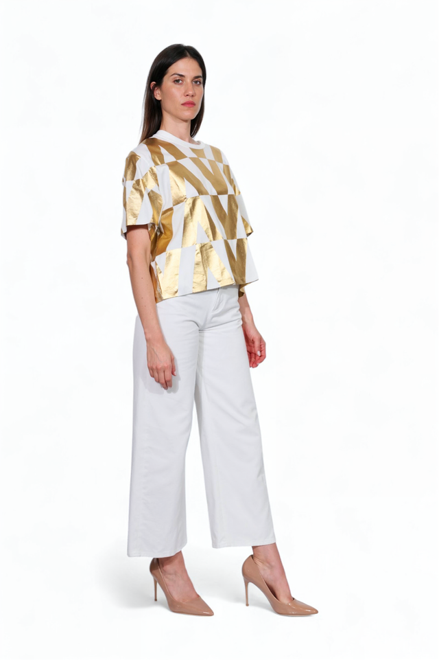 Valentino White & Gold Foil Logo Geometric T-Shirt
