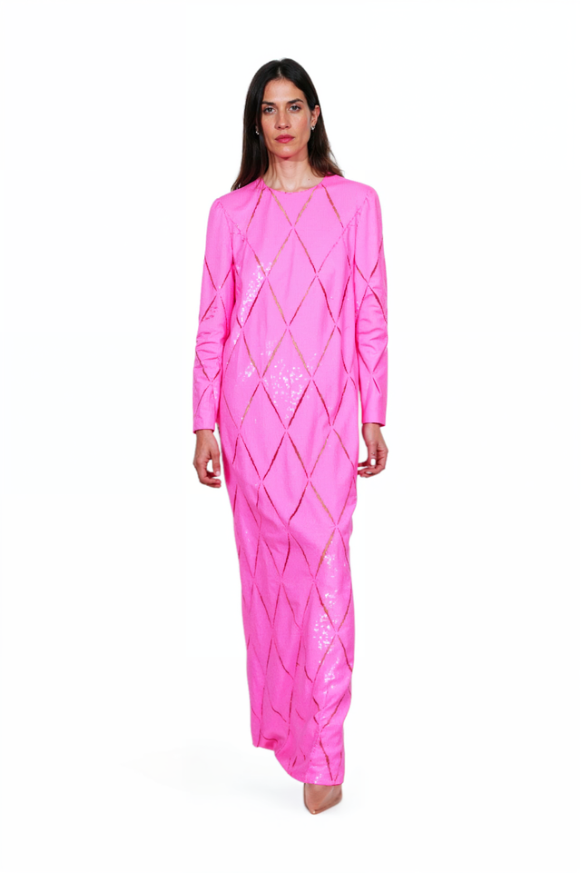 Valentino Hot Pink Sequin Diamond-Pattern Gown