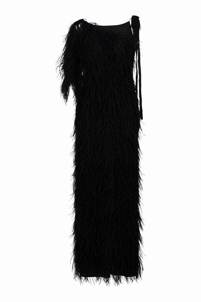 Valentino Black One-Shoulder Gown with Feathered Texture