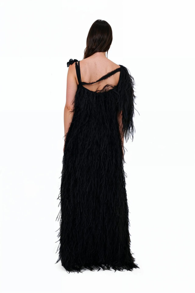 Valentino Black One-Shoulder Gown with Feathered Texture