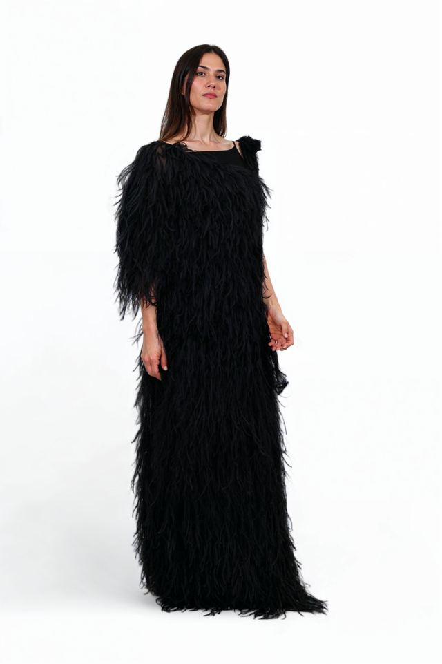 Valentino Black One-Shoulder Gown with Feathered Texture