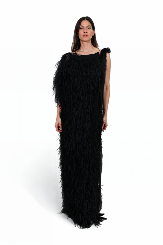 Valentino Black One-Shoulder Gown with Feathered Texture