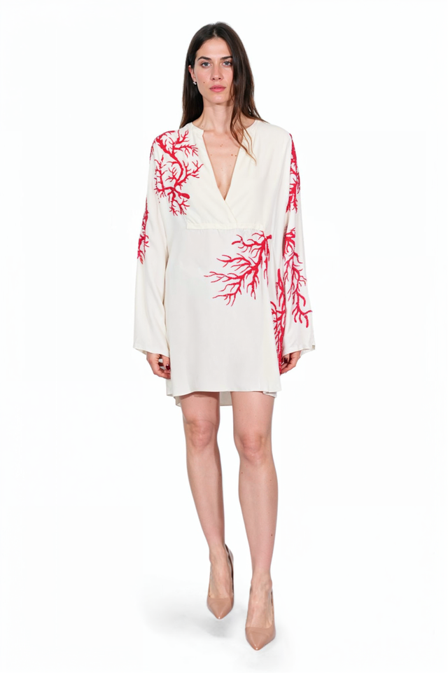Valentino Ivory Coral Embroidered Mini Dress