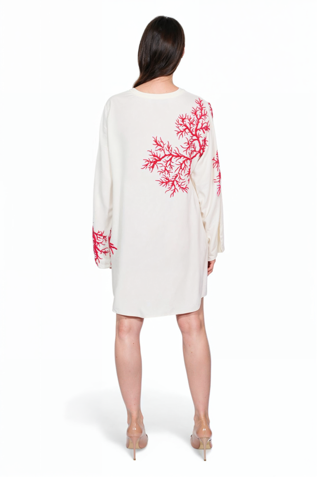 Valentino Ivory Coral Embroidered Mini Dress