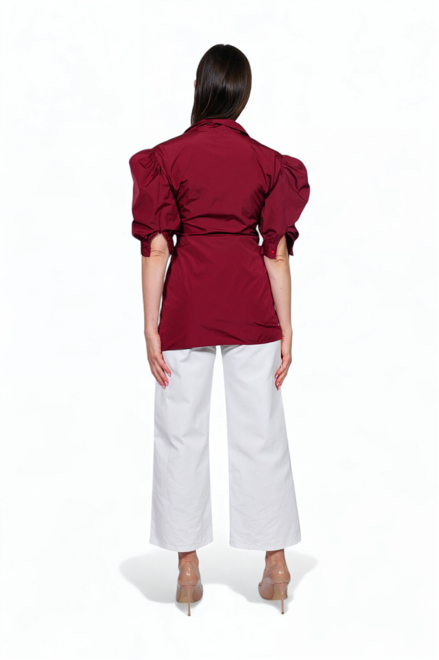 Red Valentino Draped Belted Puff-Sleeve Blouse
