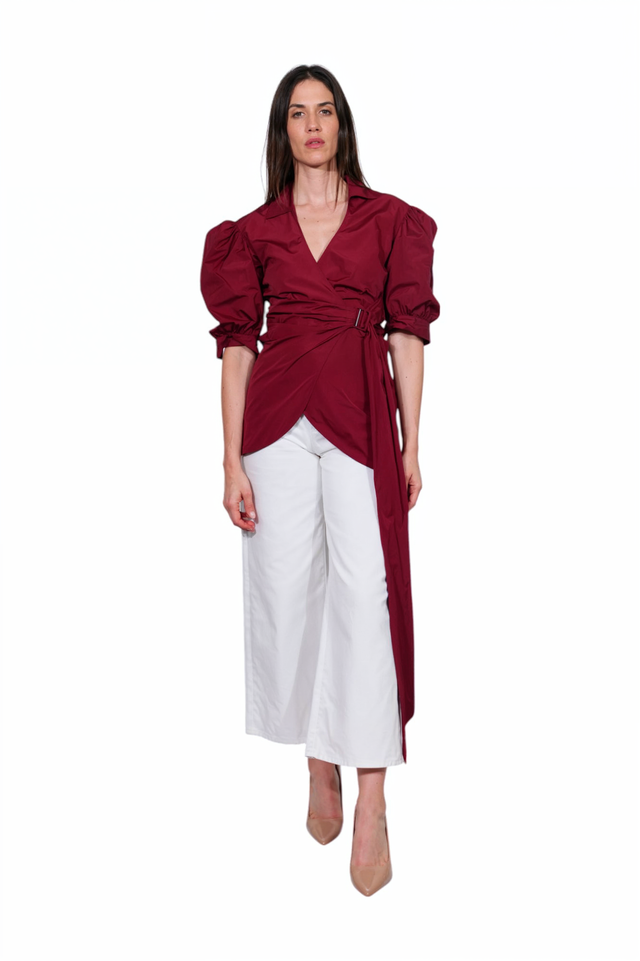 Red Valentino Draped Belted Puff-Sleeve Blouse