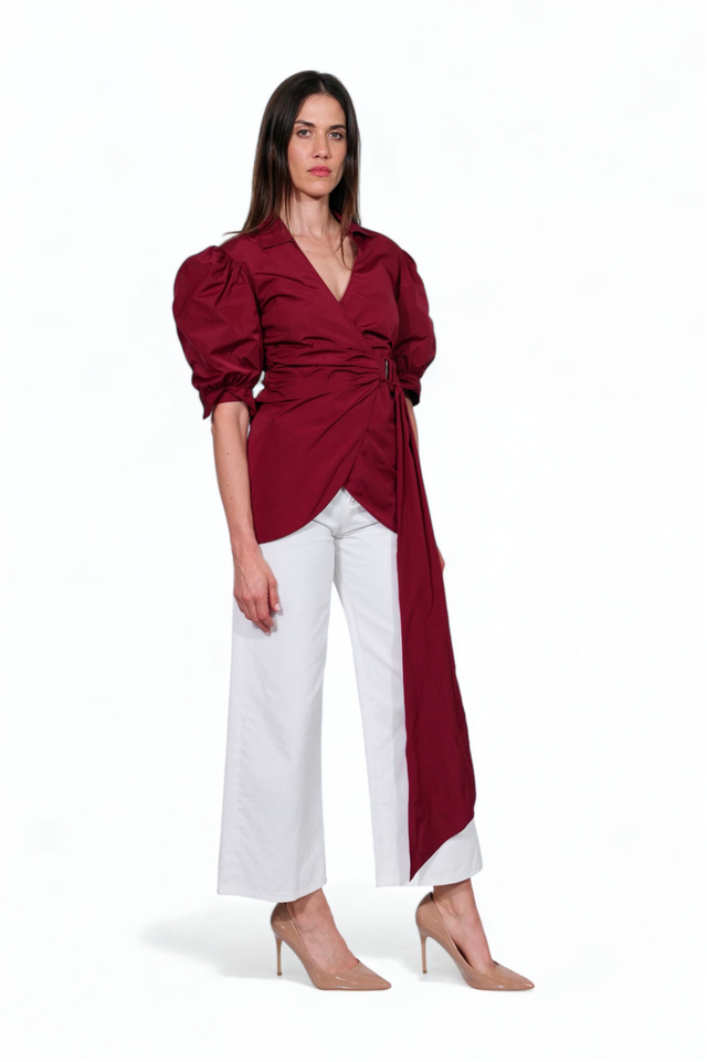 Red Valentino Draped Belted Puff-Sleeve Blouse