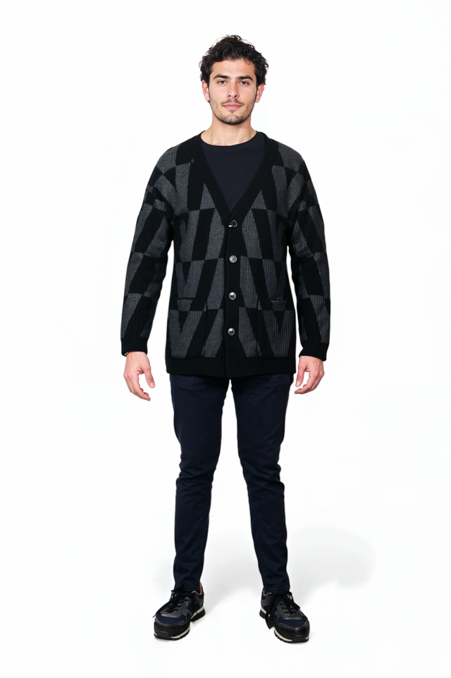 Valentino Black & Grey Geometric Logo Knit Cardigan