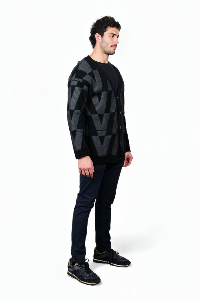 Valentino Black & Grey Geometric Logo Knit Cardigan