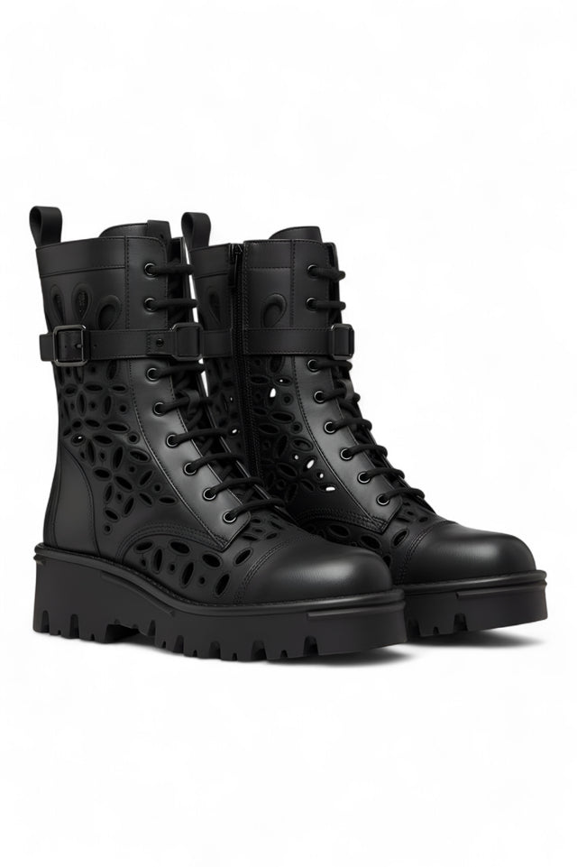 Valentino Garavani Laser-Cut Leather Combat Boots