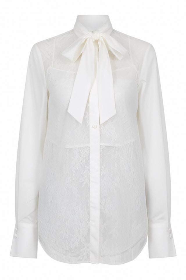 Valentino Lace-Inset Silk-Cotton Bow Blouse