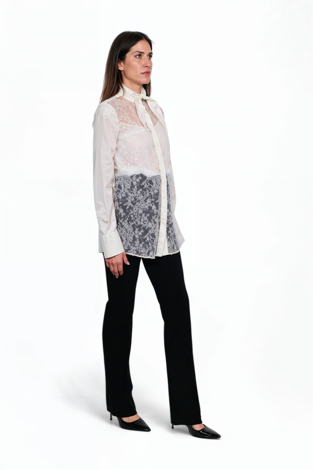 Valentino Lace-Inset Silk-Cotton Bow Blouse
