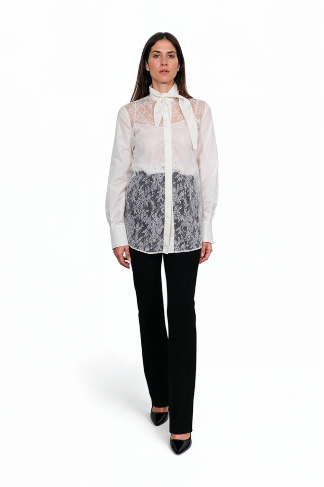 Valentino Lace-Inset Silk-Cotton Bow Blouse