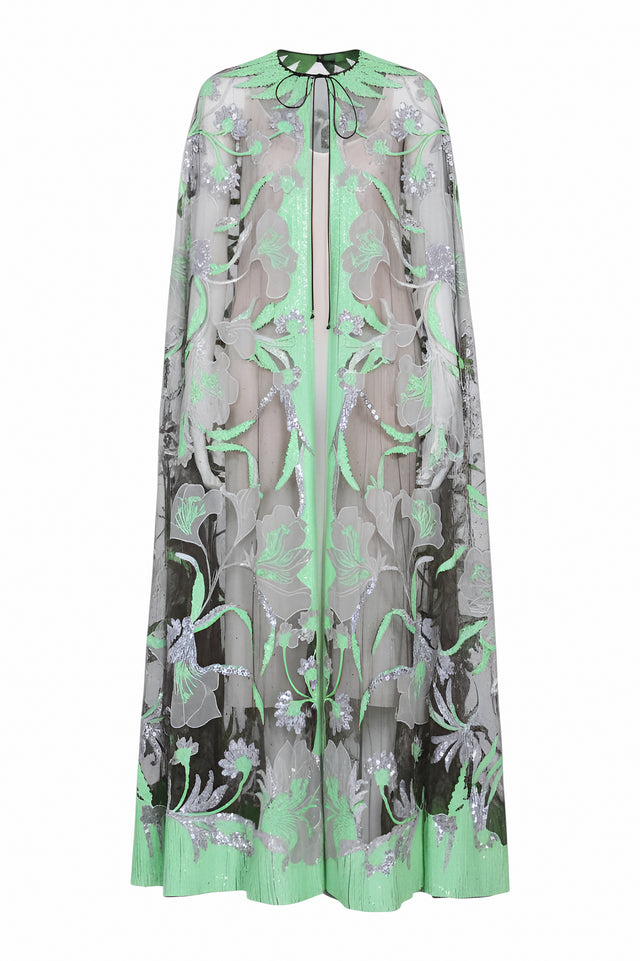 Valentino Sequin Embroidered Tulle Cape in Mint & Lilac