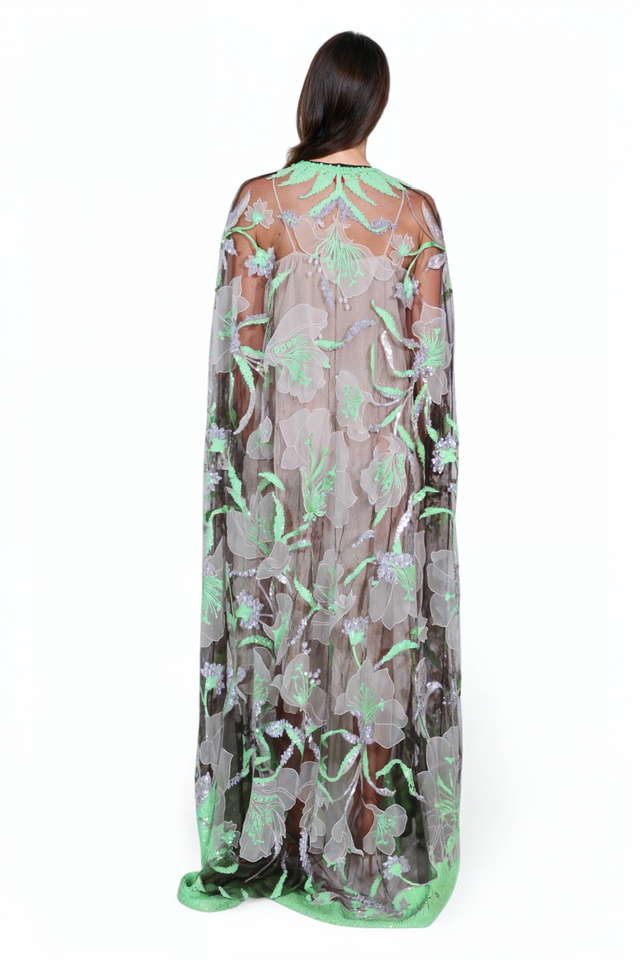 Valentino Sequin Embroidered Tulle Cape in Mint & Lilac