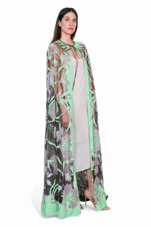 Valentino Sequin Embroidered Tulle Cape in Mint & Lilac