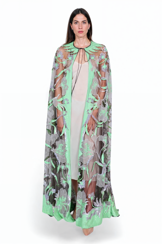 Valentino Sequin Embroidered Tulle Cape in Mint & Lilac
