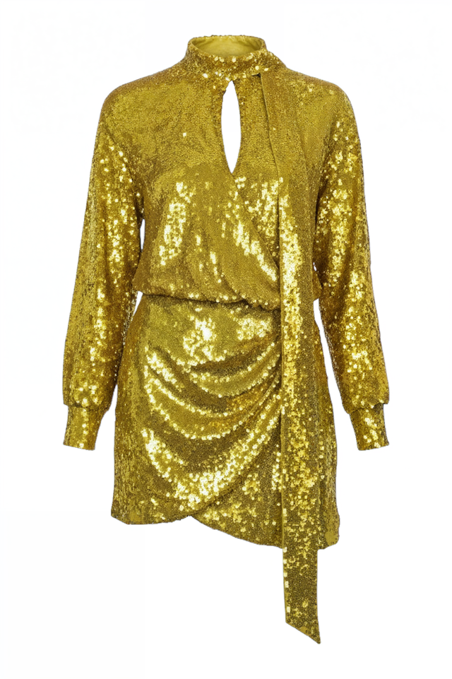 Valentino Gold Sequin High-Neck Draped Mini Dress