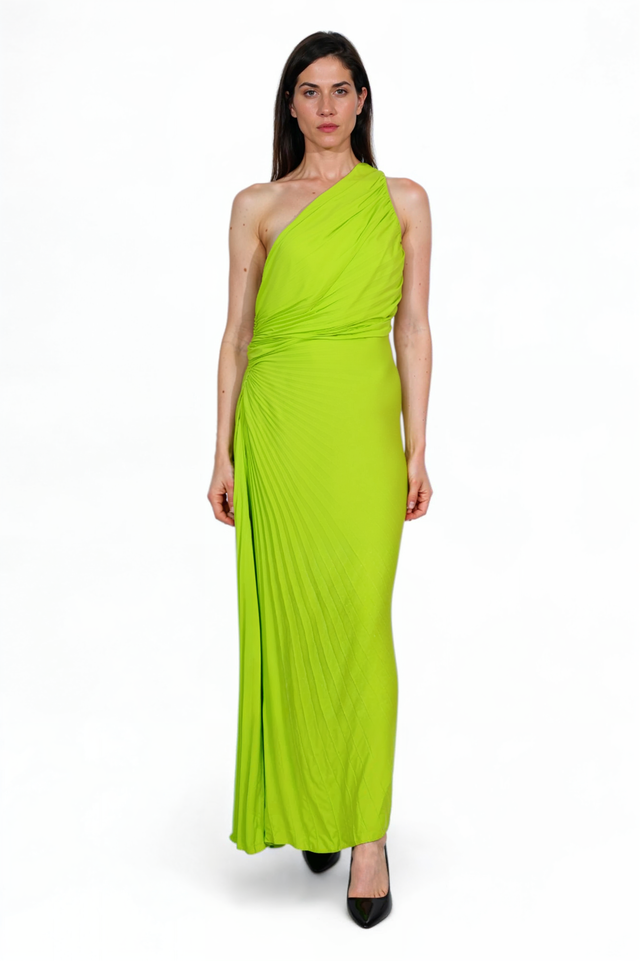 Valentino One-Shoulder Draped Gown in Chartreuse