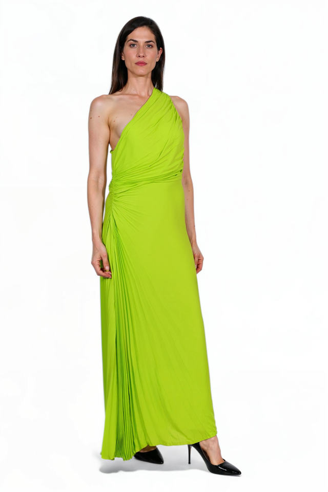 Valentino One-Shoulder Draped Gown in Chartreuse