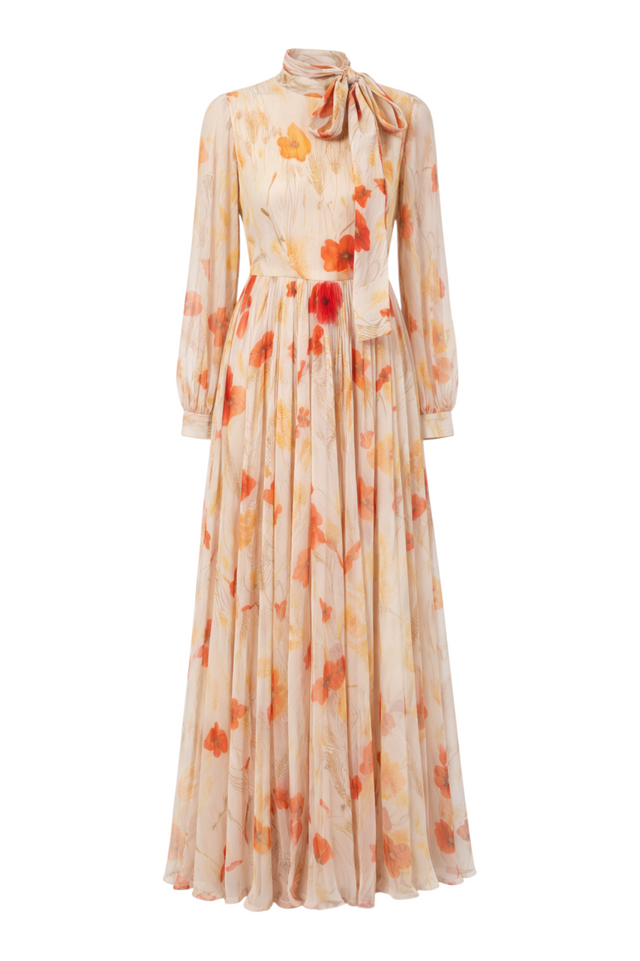 Valentino Floral Chiffon Scarf-Neck Gown