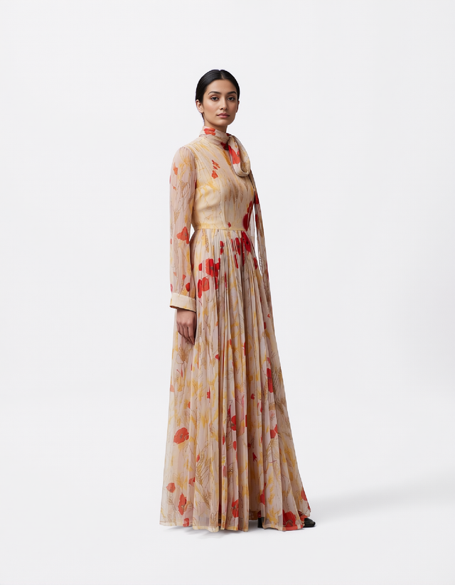 Valentino Floral Chiffon Scarf-Neck Gown