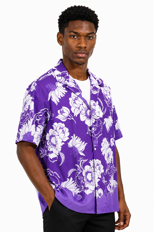 Valentino Floral Print Camp Collar Shirt in Purple