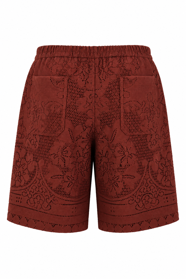 Valentino Lace Knit Shorts in Chocolate Brown & Ivory