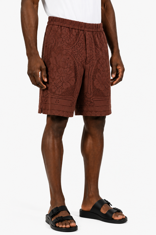 Valentino Lace Knit Shorts in Chocolate Brown & Ivory