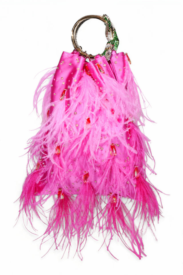 Valentino Garavani Feather-Embellished Satin Evening Bag with Serpent Handle