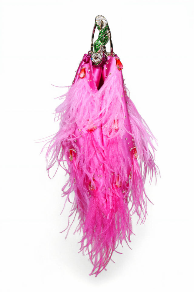 Valentino Garavani Feather-Embellished Satin Evening Bag with Serpent Handle