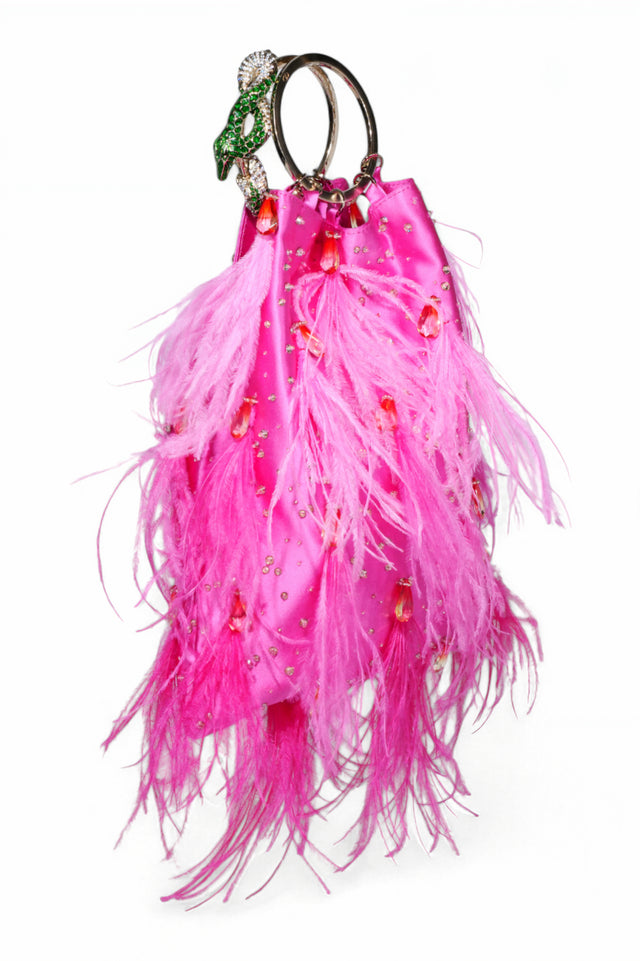 Valentino Garavani Feather-Embellished Satin Evening Bag with Serpent Handle