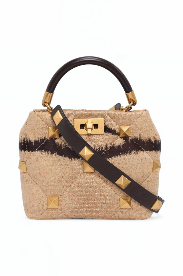 Valentino Garavani Tan Ikat Rockstud Mini Top Handle Bag