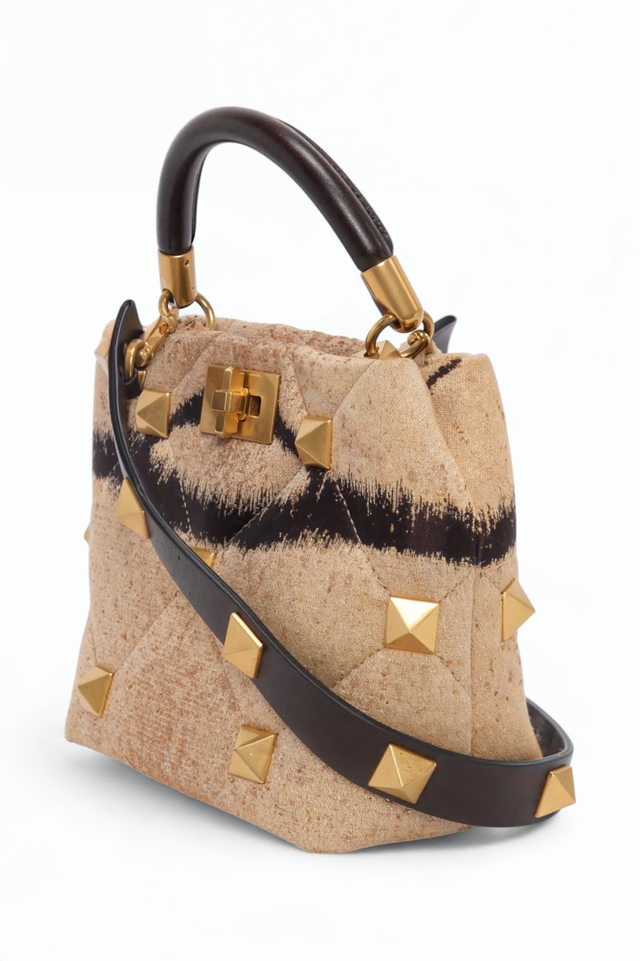 Valentino Garavani Tan Ikat Rockstud Mini Top Handle Bag
