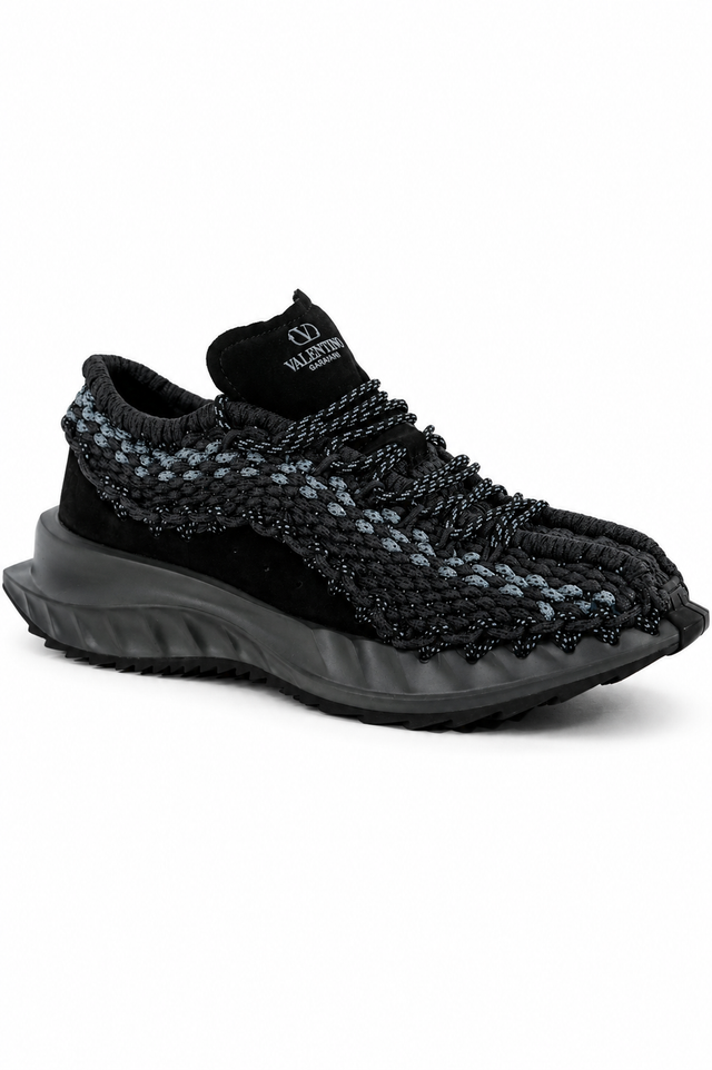 Valentino Garavani Crochet Knit Low-Top Sneakers in Brown Camo & Black Grey
