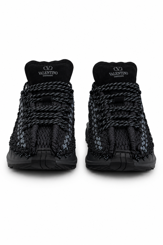 Valentino Garavani Crochet Knit Low-Top Sneakers in Brown Camo & Black Grey