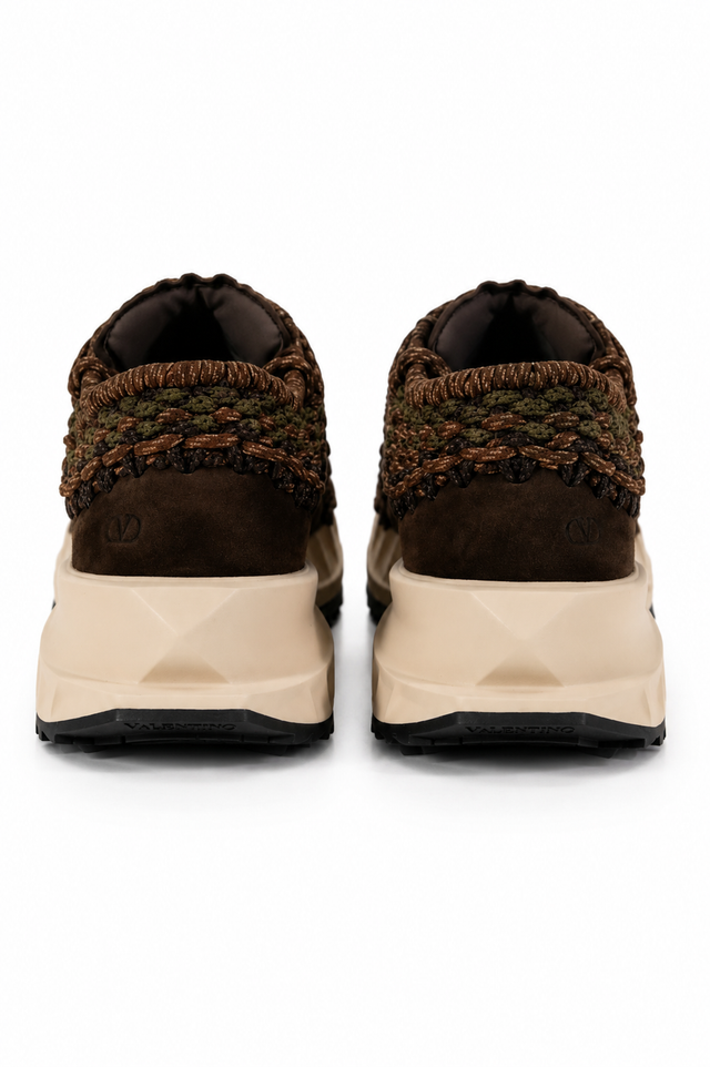 Valentino Garavani Crochet Knit Low-Top Sneakers in Brown Camo & Black Grey