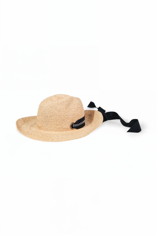 Fabiana Filippi Natural Straw Hat with Black Ribbon Tie