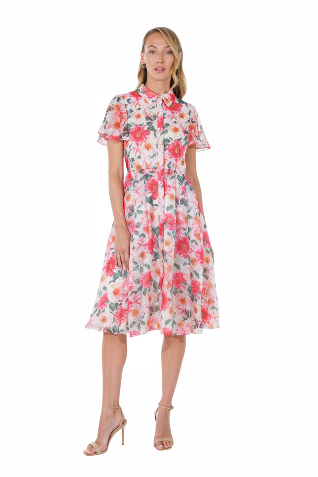 Mikael Aghal Pink & White Floral Belted Shirt Dress