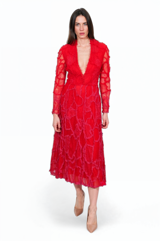 Valentino Lace Midi Dress in Red