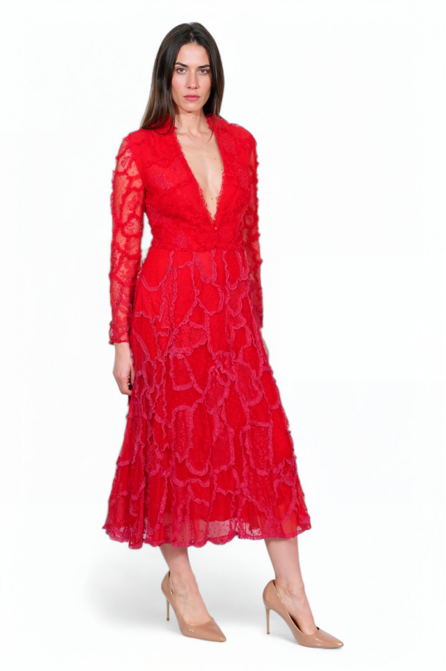Valentino Lace Midi Dress in Red