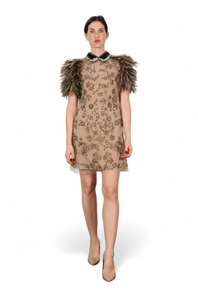 Valentino Feather Shoulder Embellished Mini Dress