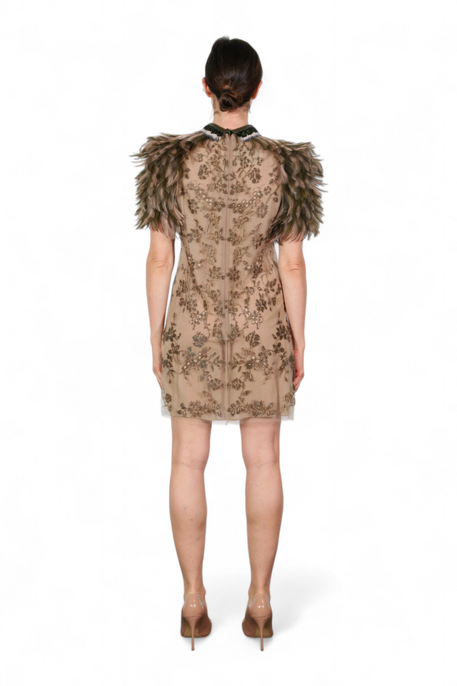 Valentino Feather Shoulder Embellished Mini Dress