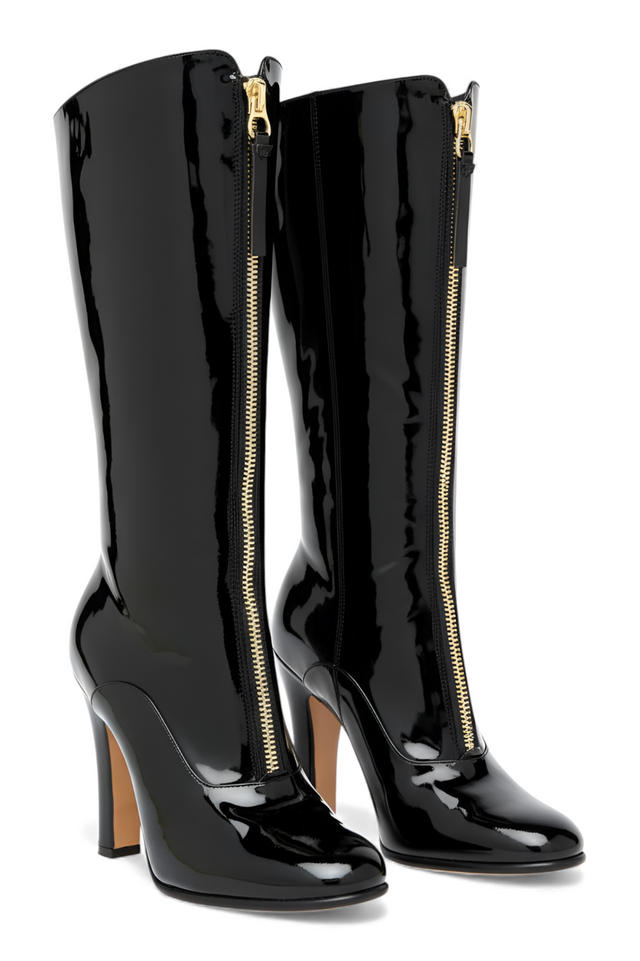 Valentino Garavani Patent Leather High-Heel Zip Boots — Black