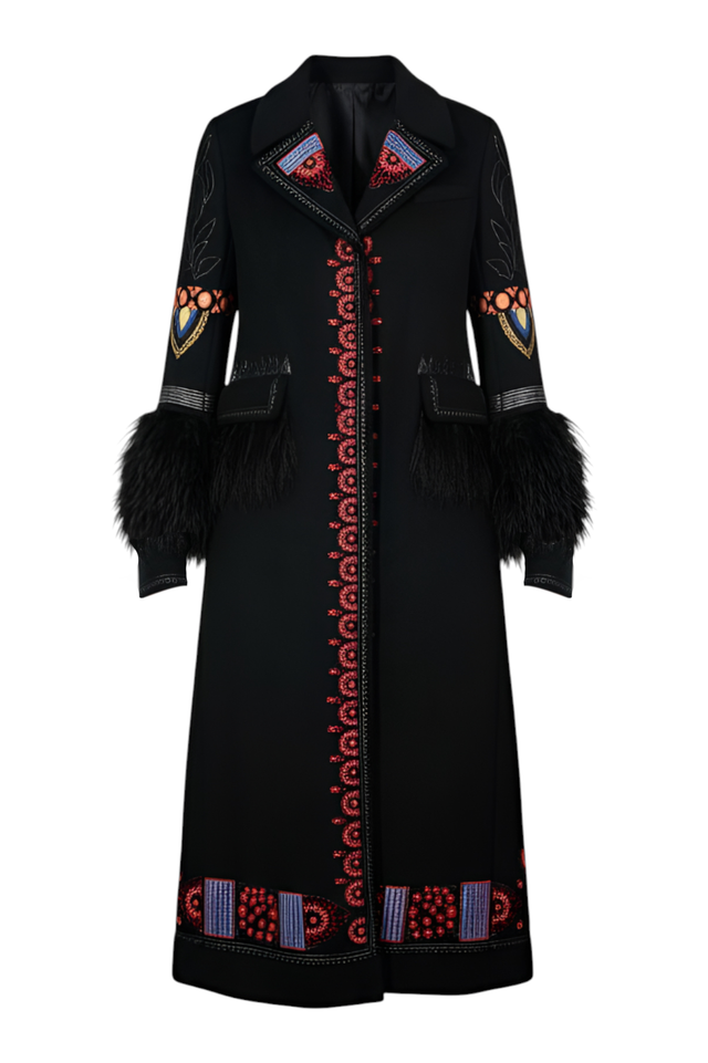 Valentino Embroidered Wool Coat with Feather Cuffs — Black & Red