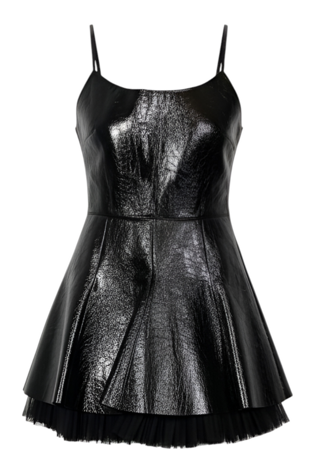 Valentino Leather Mini Dress with Tulle Hem — Black