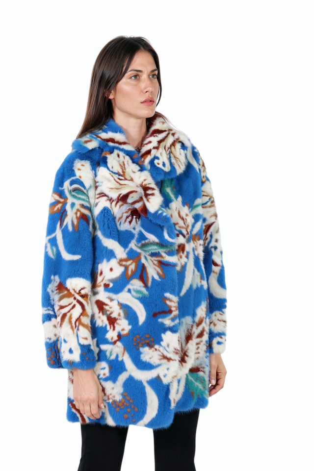 Valentino – Geblümter blauer Nerzpelzmantel